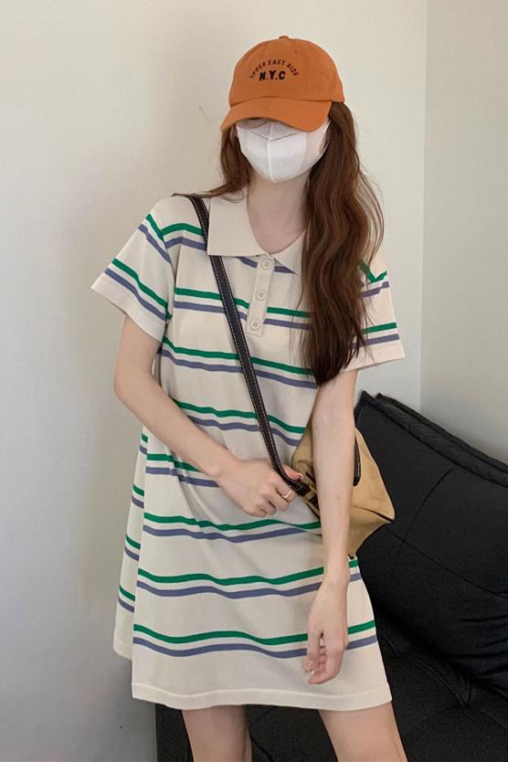 New summer Korean age-reducing polo collar loose striped knitted skirt contrasting color short-sleeved dress for female students