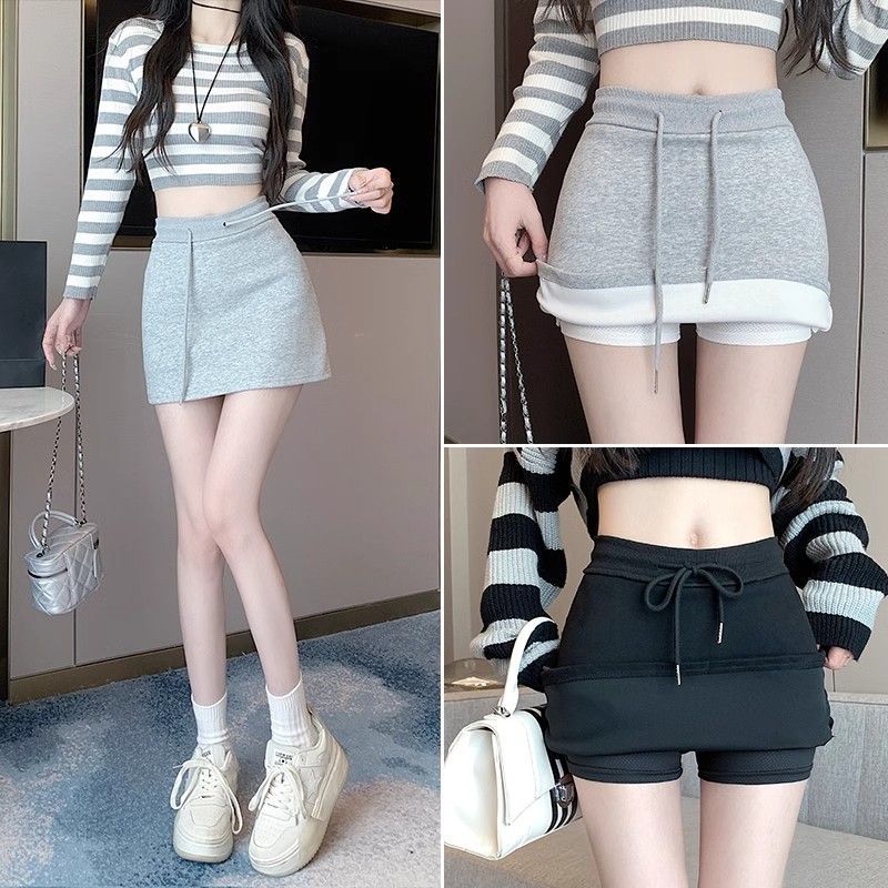 Gray casual hip-packing skirt for women 2025 spring design anti-exposure sports drawstring high waist A-line skirt