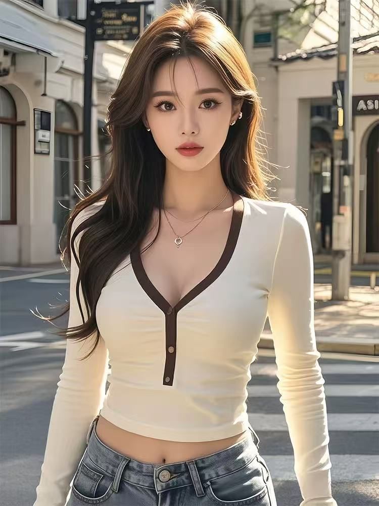 V-neck long-sleeved T-shirt spring clothes for women in 2025 new base shirt short style super beautiful unique top