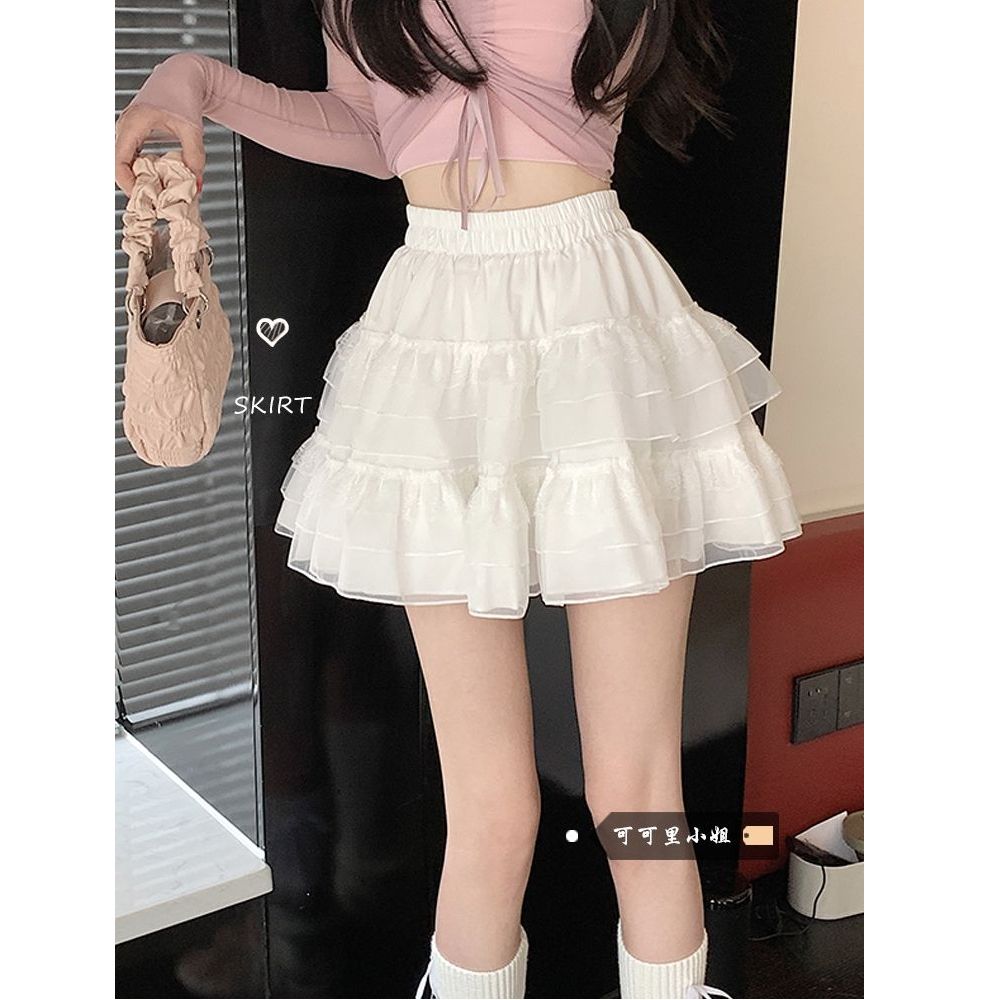 Lace Cake A-line Short Skirt Summer 2025 New Ballet Style High Waist White Mesh Puffed Skirt for Women