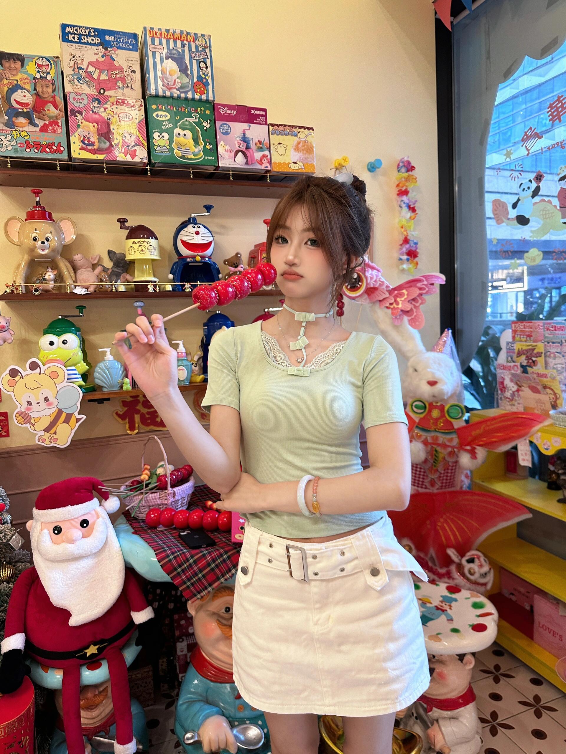 Shipped cotton modal/lace lace bow short-sleeved top for women slim hot girls short T-shirt