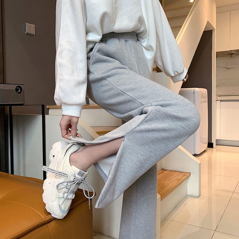 Design-sensed zippered wide-leg sports pants for women with high waist casual trousers straight-leg women's pants for trendy wear