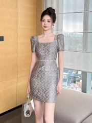 European station small fragrance style dress for women in summer 2025 new temperament celebrity high-end square collar waist-hugging birthday skirt