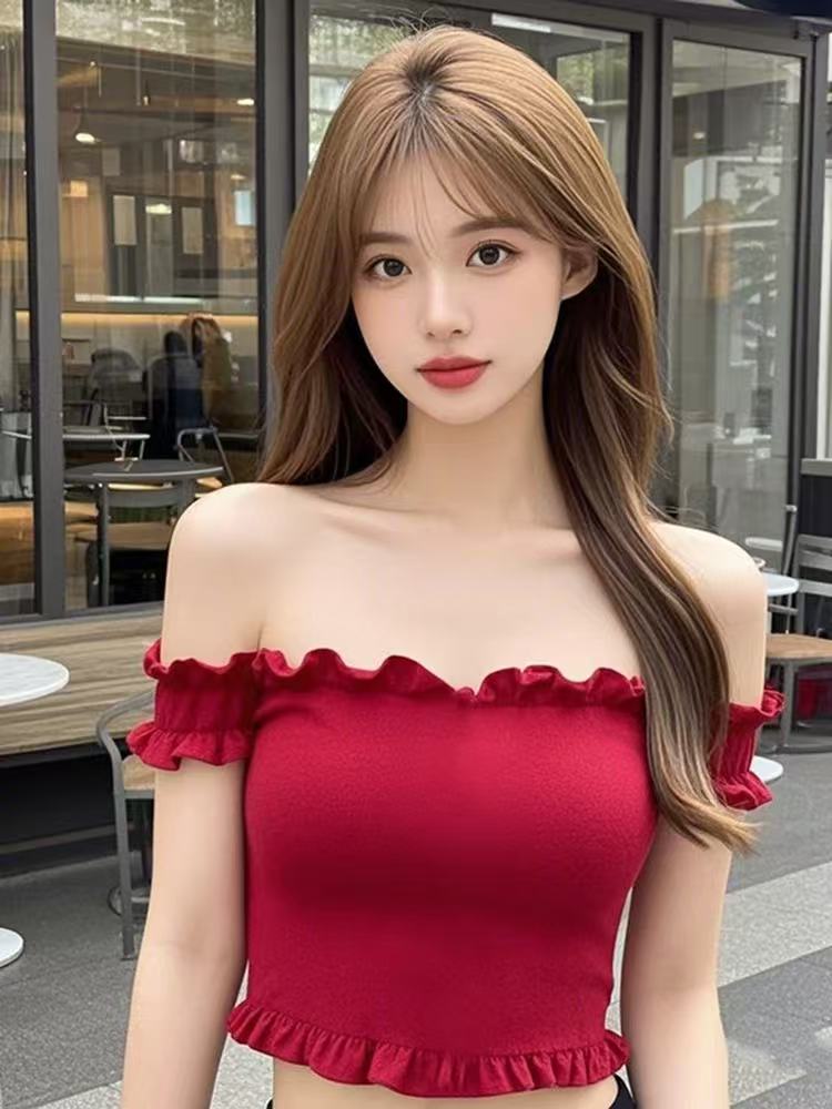Sexy hot girl style black ears with one shoulder strapless vest women's pure desire temperament slim and slim short versatile top