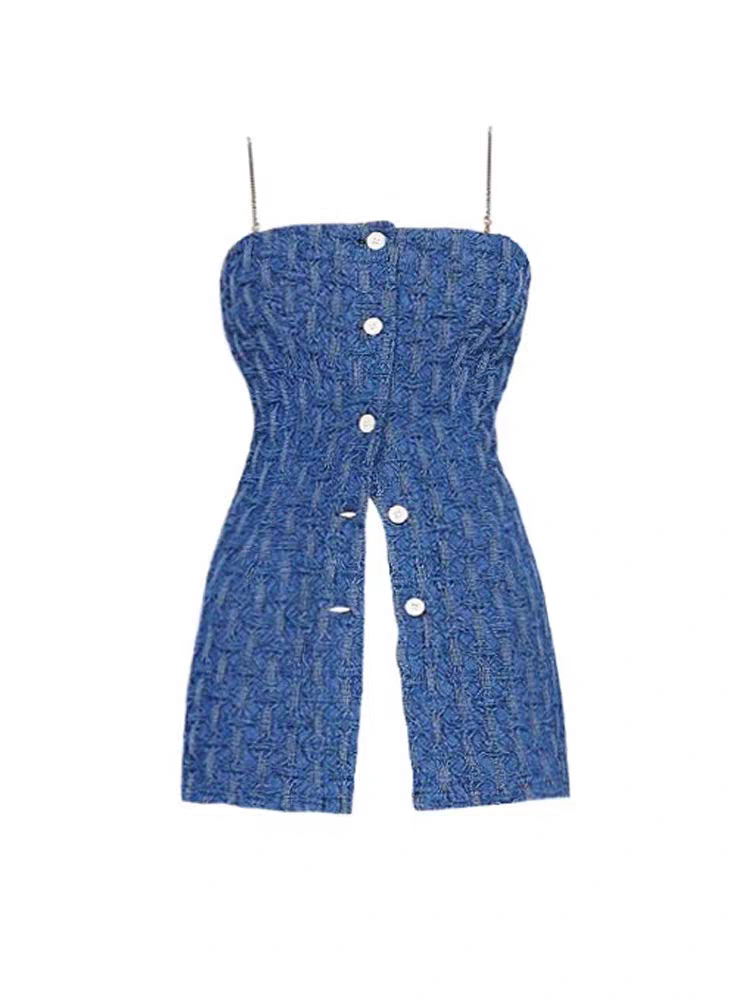 The same original heavy industry pleated retro denim hot girl sleeveless strap