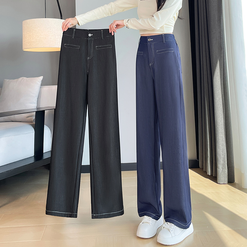 Denning Blue Sky Silk Denim Wide Leg Pants for Women 2025 New High Waist Dangling Narrow Version Casual Straight Jeans for Women