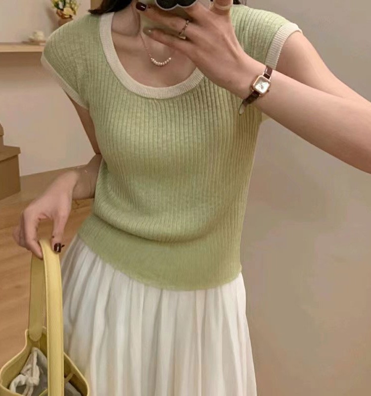 Xia Feifei's sleeve pullover temperament and personality contrasting color thin short-sleeved sweater slim and versatile sleeveless T-shirt top