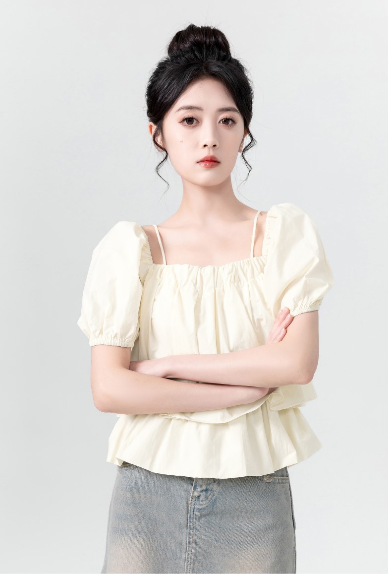 Shipped One-shoulder suspender puff sleeve doll shirt for women's summer chic square collar short sleeve shirt short top