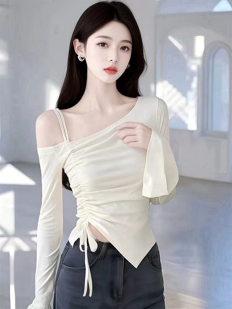 Women's 2025 new spring long-sleeved T-shirt unique and beautiful design and off-shoulder irregular top