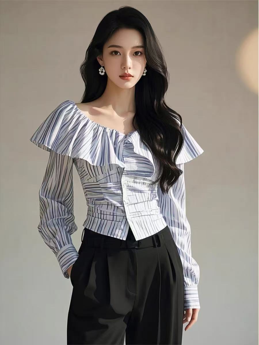 Casual Lu/Spring Blue Striped Shirt Women's Lotus Leaf Collar Design Slim and Slim French Beautiful Top
