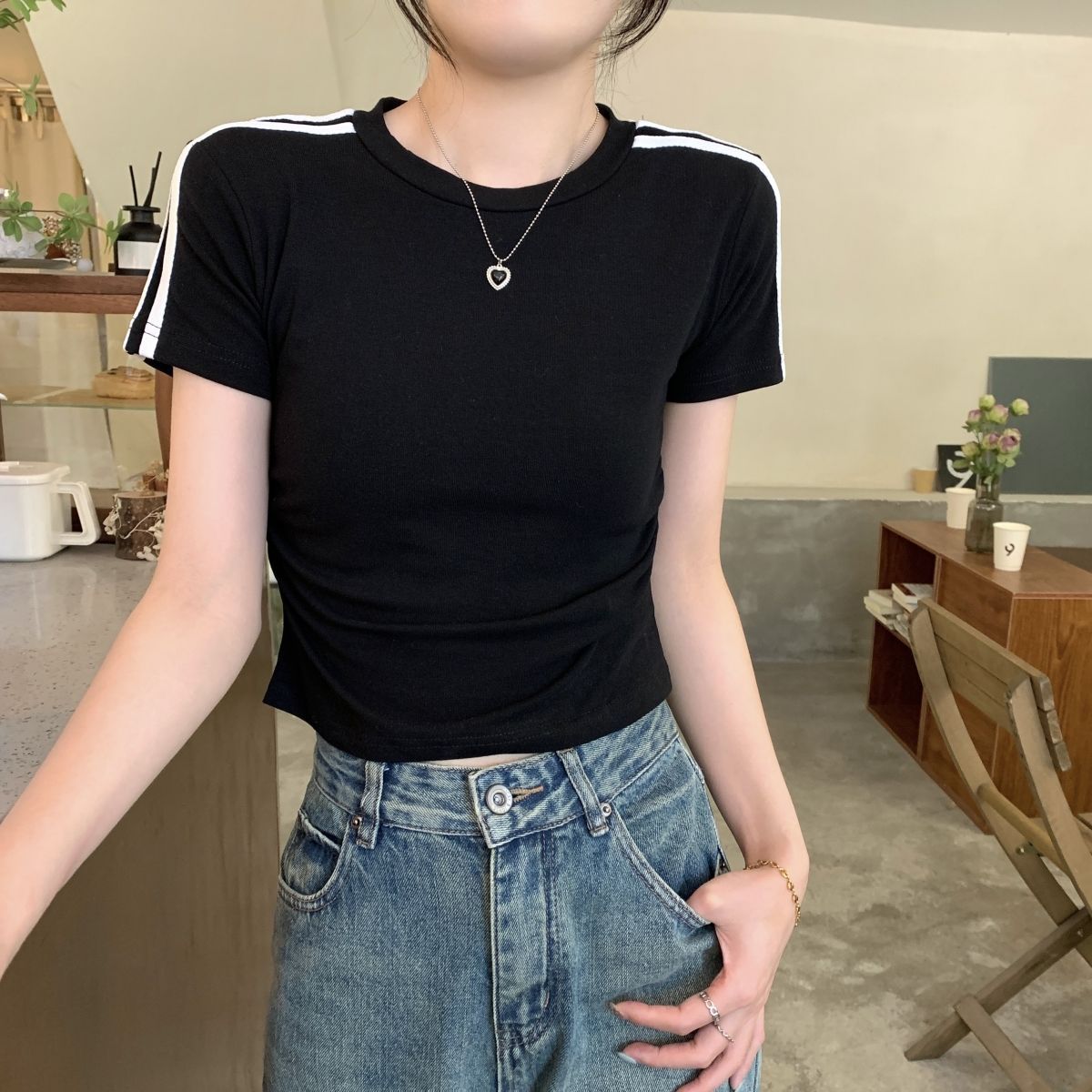 Shipped 210g 40 1*1 pure cotton shoulder slim sports bar short sleeve T-shirt for women