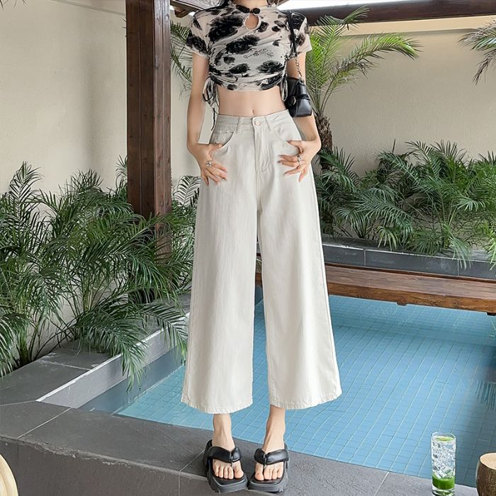 Off-white lazy style eight-cropped jeans for women 2025 summer new denim cropped trousers grandma wide-leg pants