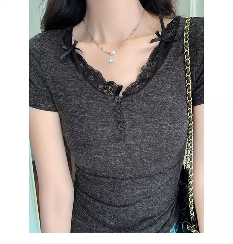 Shipped 260g men's cotton modal/lace button half-open collar short-sleeved T-shirt for women's fake two-piece slim body