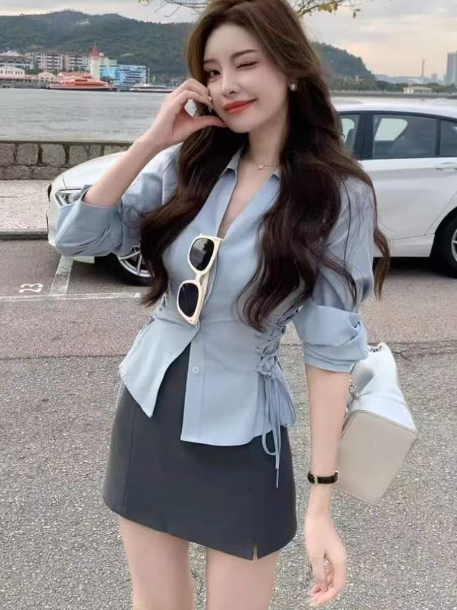 Design-sensing niche long-sleeved waist-hugging lace-up shirt for women's spring new Korean temperament shirt chic slim top