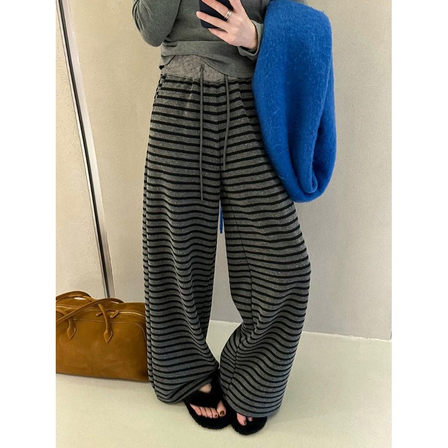 Small elastic waist drawstring retro striped wide-leg pants for women 2025 spring high waist loose lazy casual pants