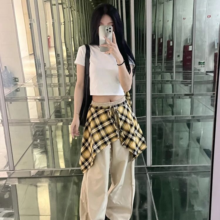 Casual pants for women two-piece hip-hop American high street retro plaid skirt design design loose straight pants