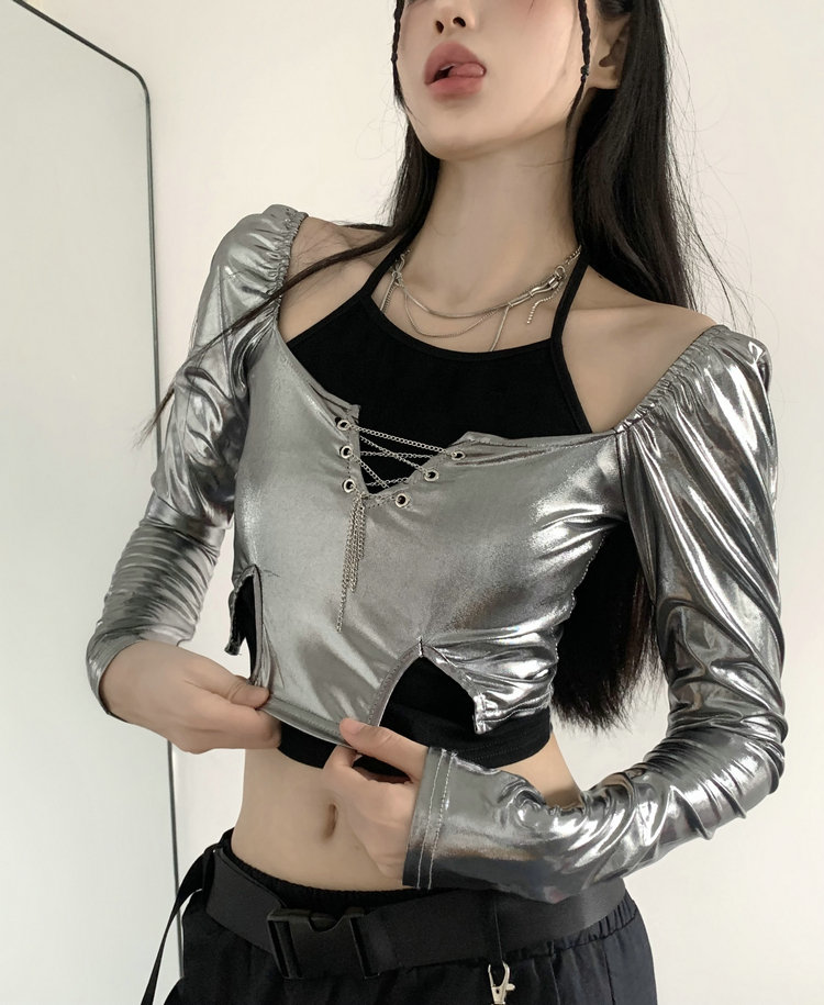 Real shot 2025 new hot girl silver spliced ​​long sleeve halter neck base shirt sexy halter neck suspender