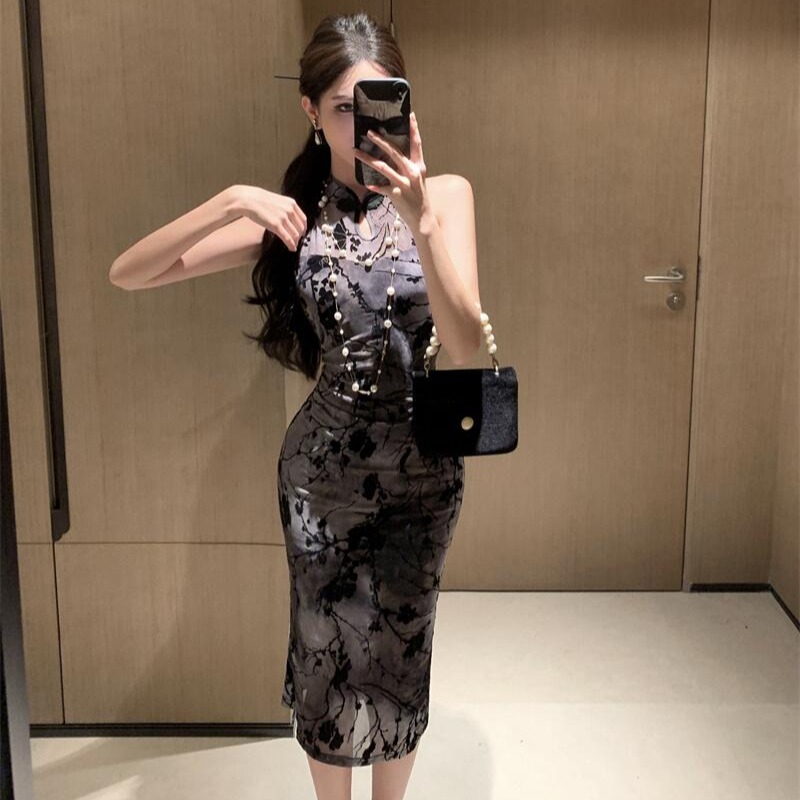 Real shot of new Chinese mesh skirt summer smudge flocking slim waist-packing hip-packing dress