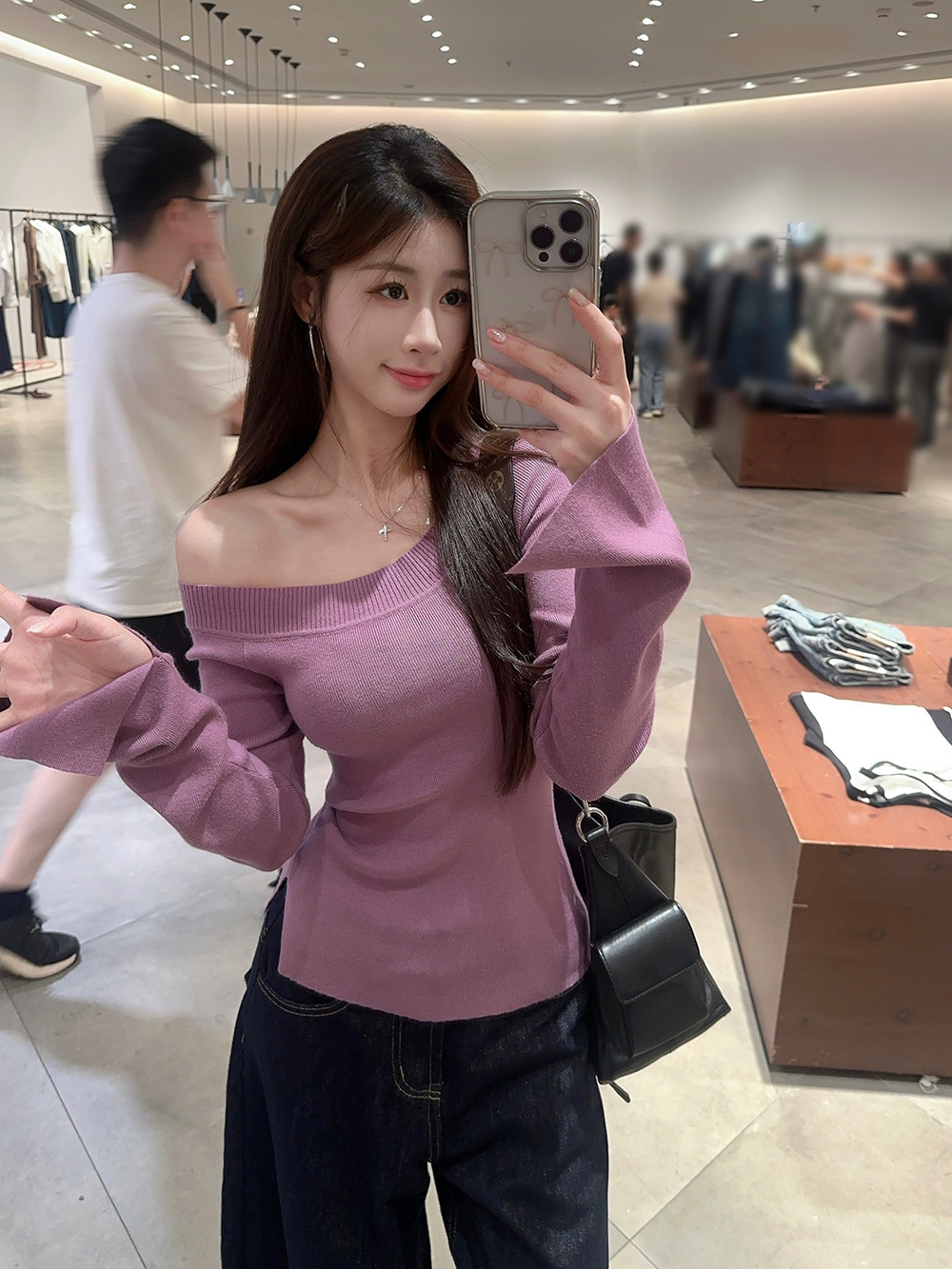 Off-shoulder off-shoulder sweater for women in autumn new slim long-sleeved hot girl top