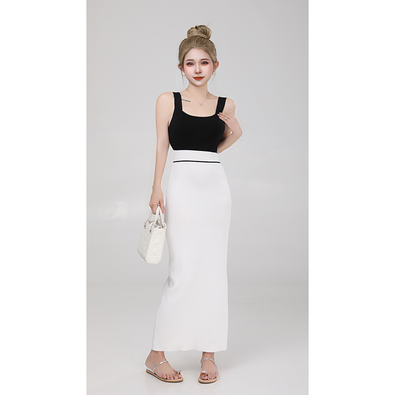 Small P-suit French fake two-piece slim hip-pack knitted suspender dress long skirt color-blocking one-step skirt for women summer
