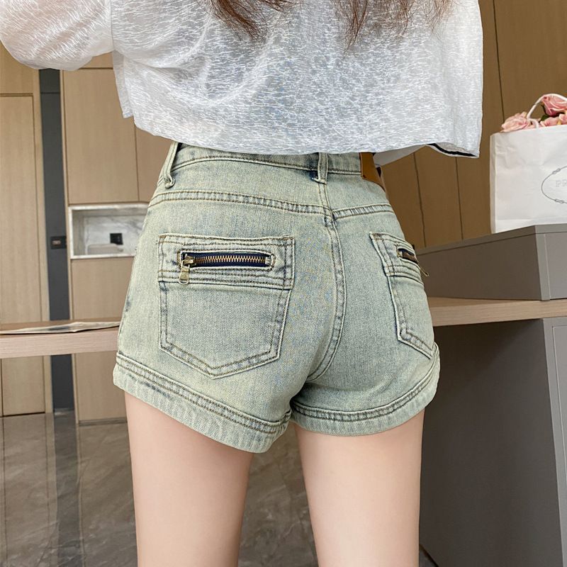 Retro old high-waist denim shorts for women in summer new zipper design stretch slim and versatile hip-covered hot pants