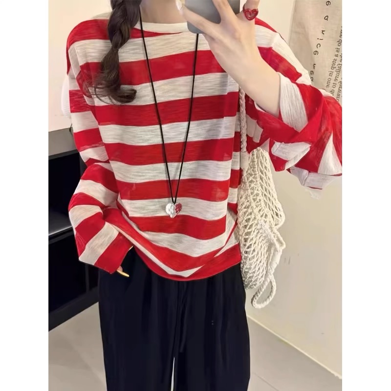 Thirteen-row striped crossed backless long sleeve thin sweater for women in summer new Korean style loose slim sunscreen shirt