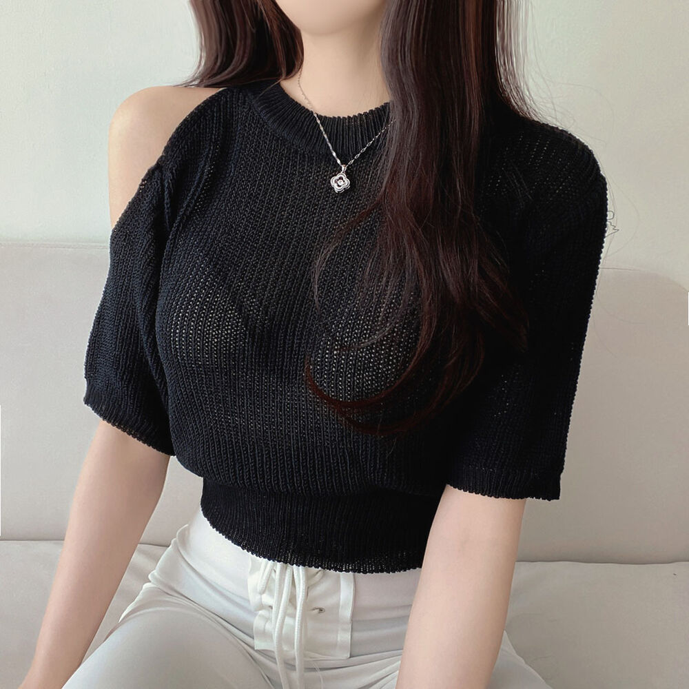 Fat mm large size Korean ice silk knitted sweater short-sleeved sweater slightly translucent sexy one-shoulder short-sleeved solid color off-shoulder top