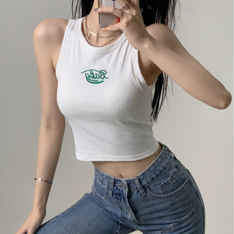 Has shipped Korean version of embroidered letter vest wearing women's clothing, hot girls' integrated base and breathable beautiful back top