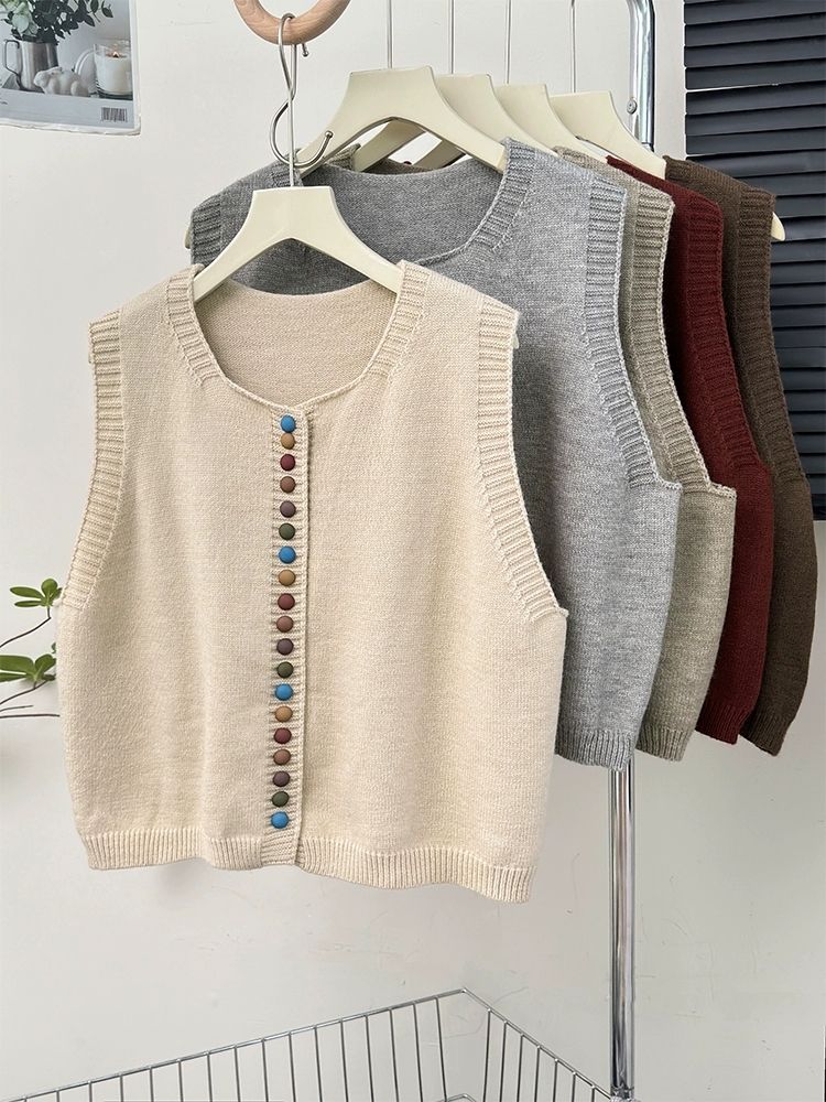 Dopamine girl-like single row multi-button vest knitted vest for women autumn fashionable age-reducing good-looking sleeveless top
