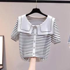 Short-sleeved cardigan top for women's summer new style navy neck small fragrance t-shirt doll collar base shirt ice silk knitted