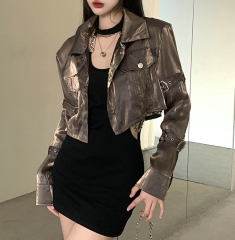 Real shot of spring and summer temperament hot girl buckle strap pocket glass gauze short jacket long sleeve shirt sunscreen shirt
