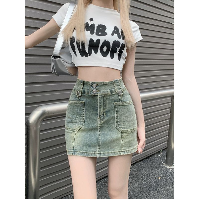 American retro hot girl high waist denim skirt for women in summer new elastic slim fit slim hip short skirt trendy