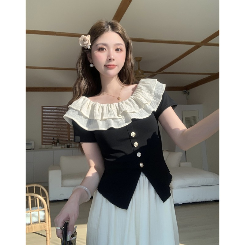 Fashionable super hot lotus leaf edge beautiful one-shoulder top for women's summer high-end short-sleeved off-shoulder design T-shirt