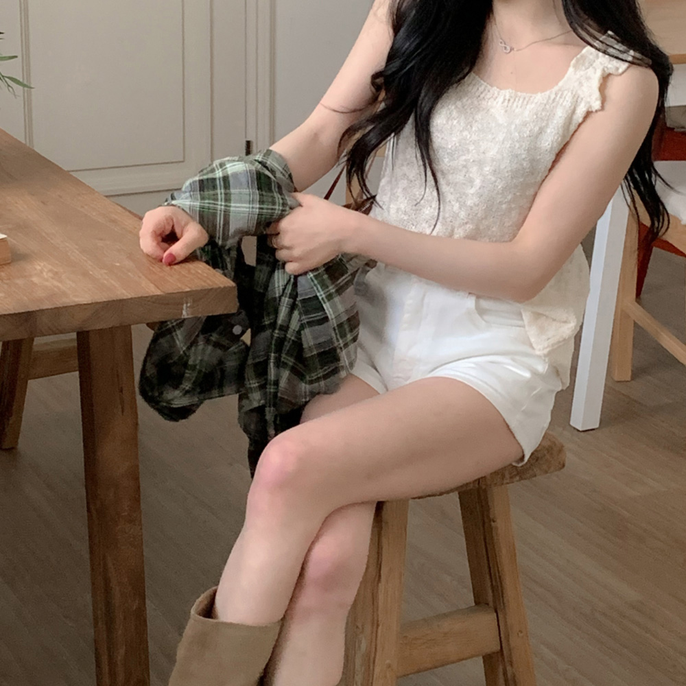 Original Korean version solid color suspender vest thin slightly transparent casual sleeveless top pleated lace suspender knitted sweater