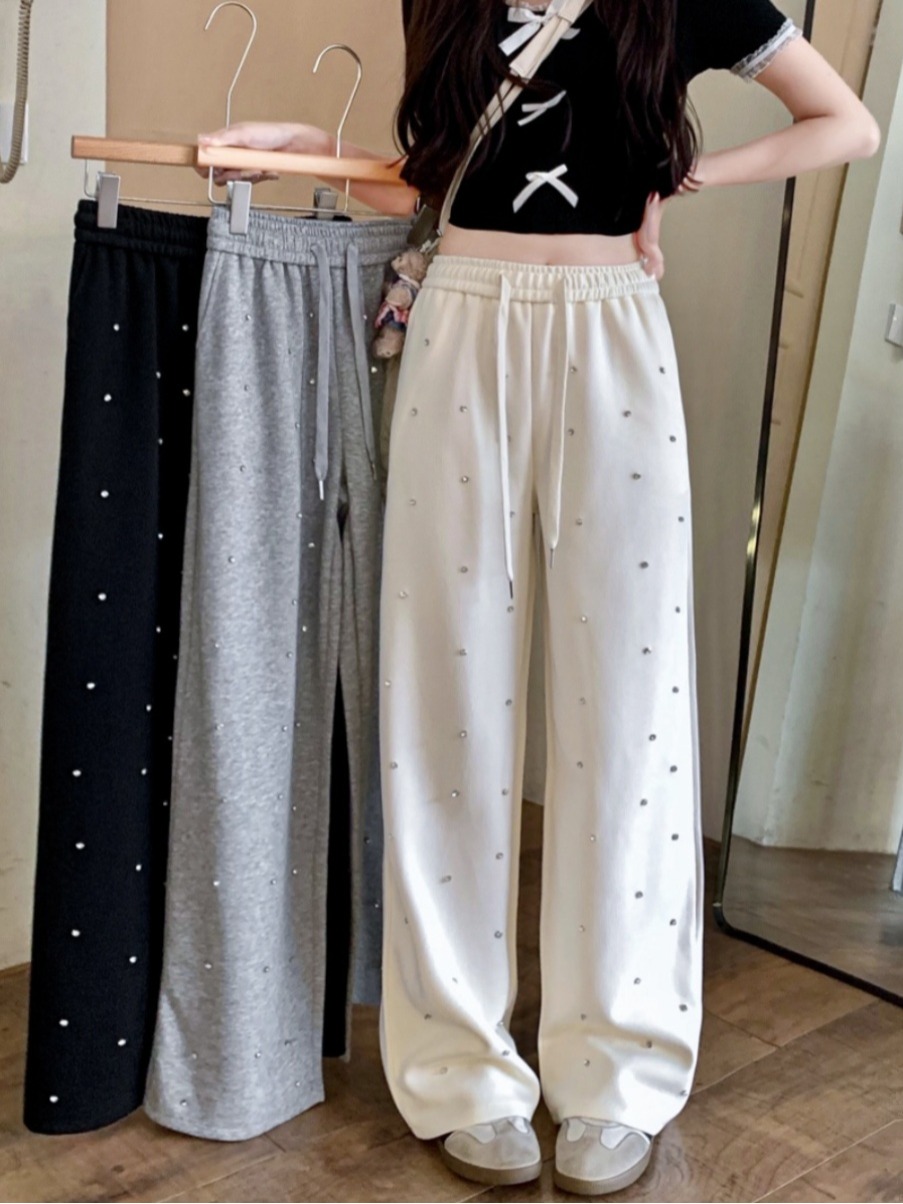 Heavy Industry Diamond-inlaid Wide Leg Pants Women's Spring and Summer New Drawstring High Waist Casual Pants Small Straight-Lead Mopping Pants