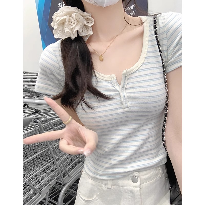 Shipped 92 cotton/8 spandex 40 210g pure cotton V-neck short-sleeved T-shirt for women slim short style