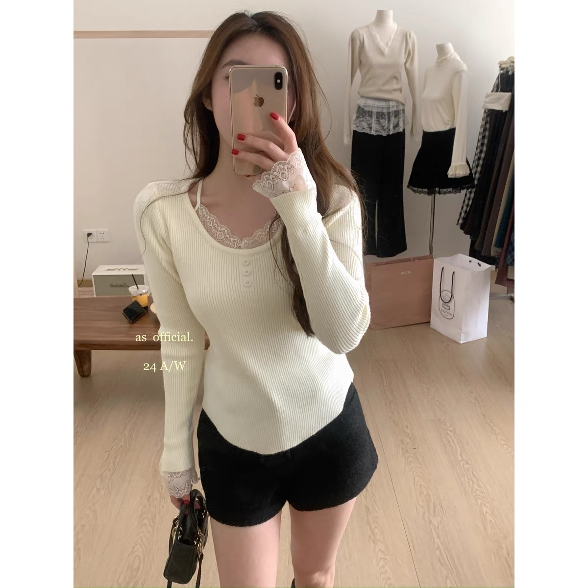 French lace spliced ​​sweater autumn and winter slim fit inner bottom sweater fake two-piece top