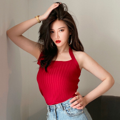 HBE Shui Ge Hong Kong style scheming backless halter neck top red tight knitted suspender vest women's summer sleeveless T-shirt
