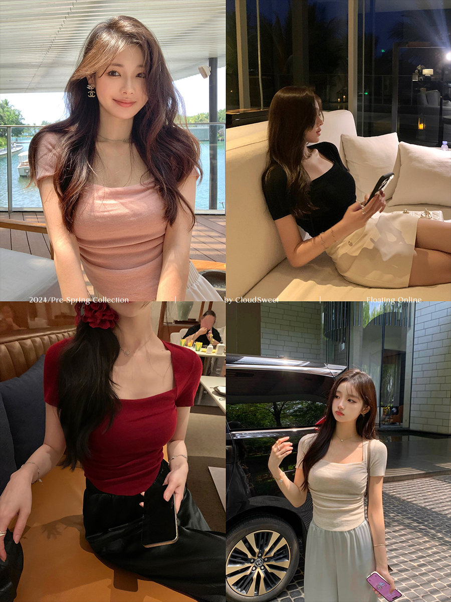 CloudSweet White Cloud Sweet Summer Sugar Cube Wool Square Collar Knitted Short Sleeve T-shirt Women's Summer Slim Body Clothes