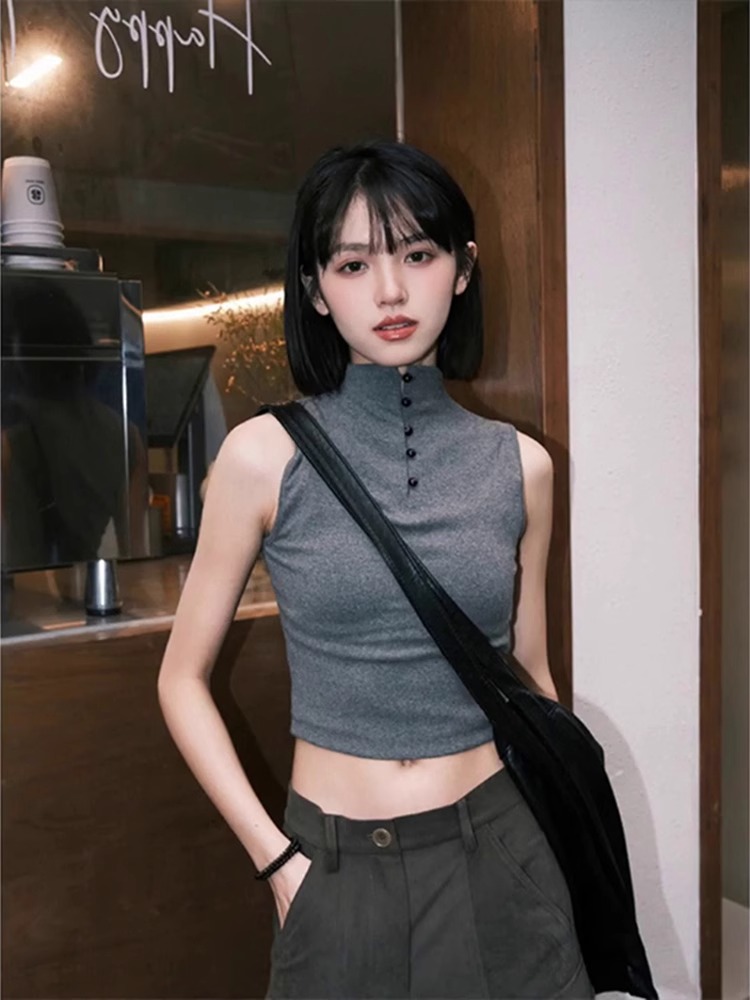 Shipped 92 cotton/8 spandex 40 210g pure cotton Sweet hot girl half high neck sleeveless vest