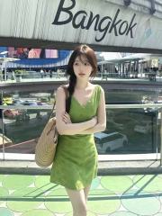 Dopamine v-neck embroidered hollow green suspender vest dress for women summer waistband slim and sweet hot girl A-line skirt