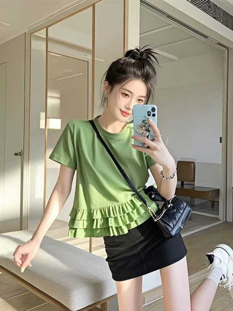 Green short-sleeved T-shirt for women 2025 new summer super beautiful unique and beautiful ruffled splicing top