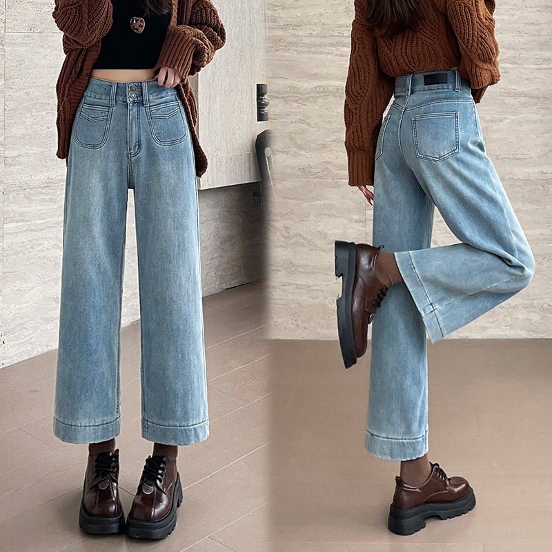 The style is too straight!  Light blue straight jeans for women 2025 spring new nine-point loose slimming wide-leg pants