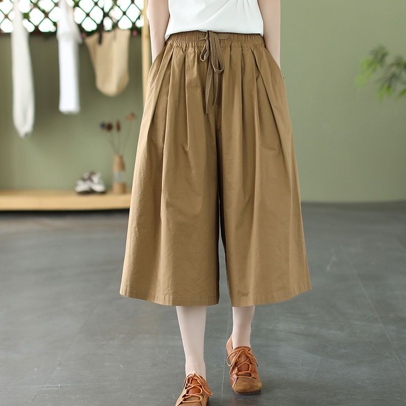 Nylon wide-leg 7-cropped pants summer loose solid color thin big feet skirt pants casual summer retro literary elastic waist