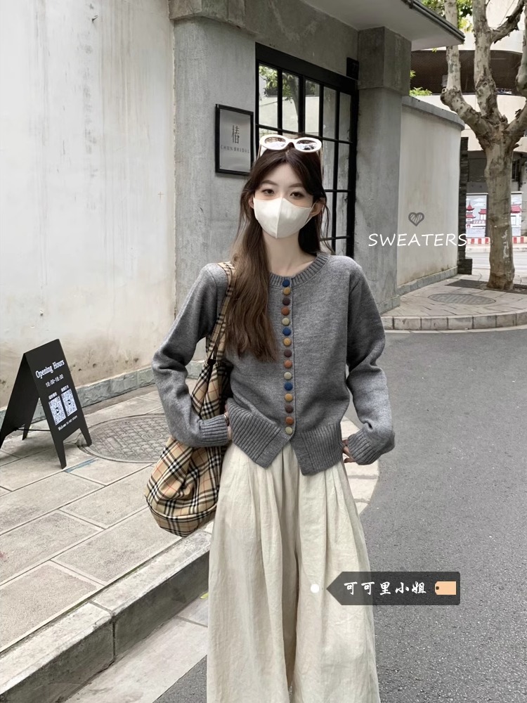 Korean colored button long-sleeved knitted sweater in autumn new style design niche loose chic top for women