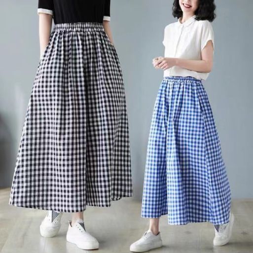 Cotton and linen plaid literary large-size wide-leg pants for women in summer high-waisted slim loose casual and versatile nine-point straight pants for women