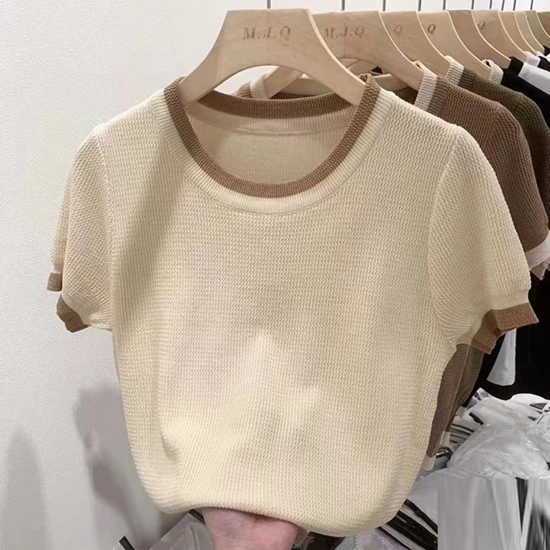 European solid color sweater for women short-sleeved T-shirt round neck straight shoulder summer contrast French base chic top