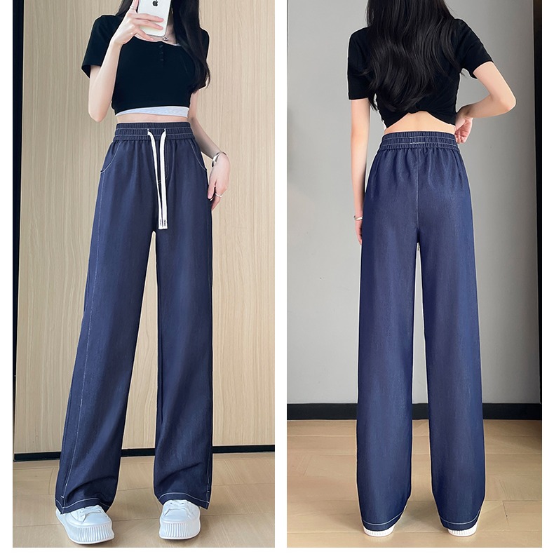 Tensi Jeans for women 2025 summer thin straight-leg pants loose tight waist small ice silk narrow version wide-leg pants