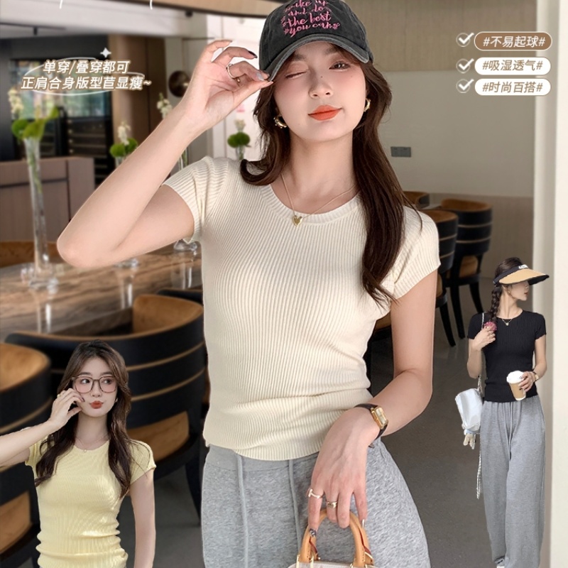 2025 spring and summer tender yellow soft glutinous knitted T-shirt American hot girl front shoulder short-sleeved women slim thread stretch top
