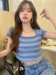 Square collar striped short sleeve knitted T-shirt for women slim fit and unique niche short top ins trendy silk